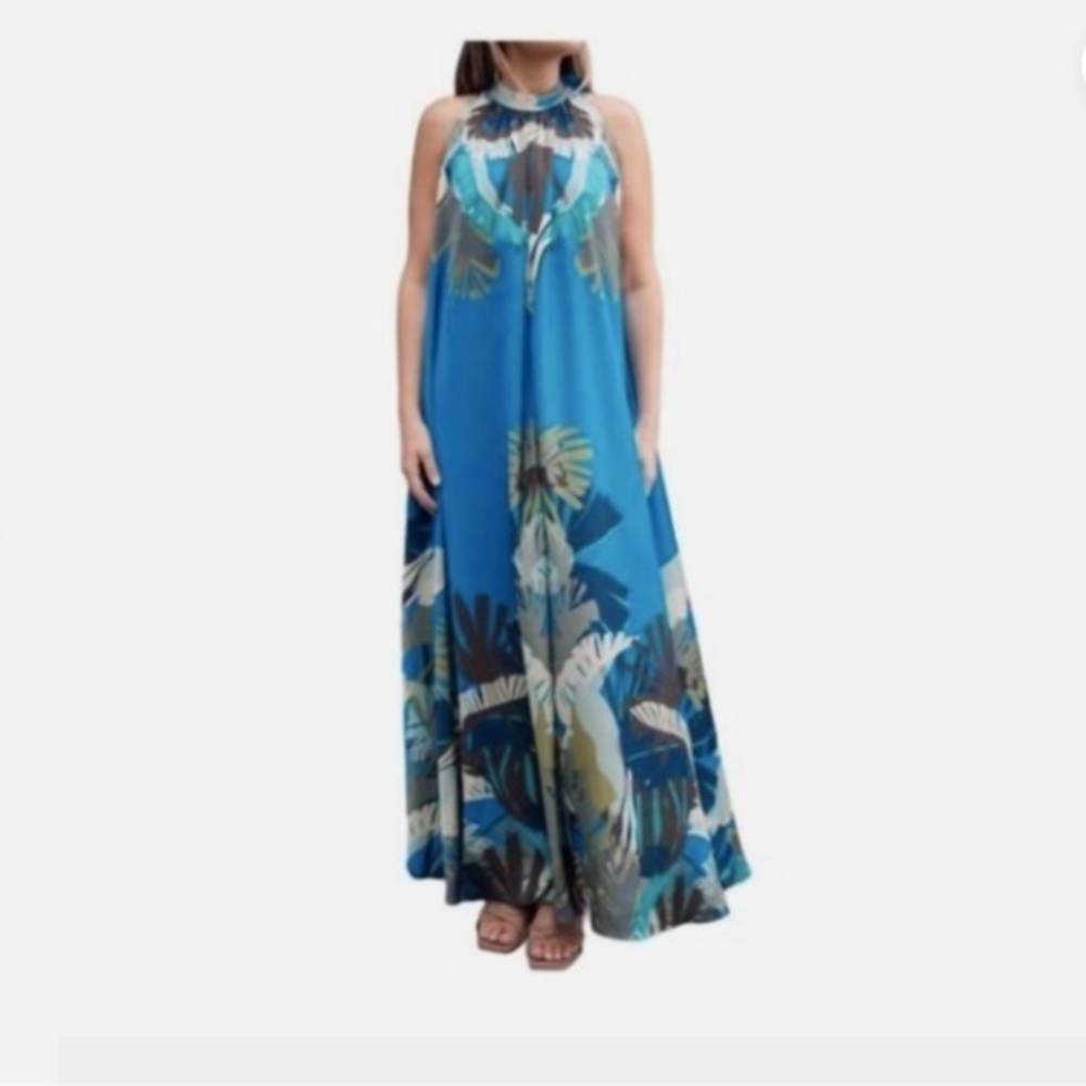 Ranna Gill Isla Blue Brown Halter A-Line Maxi Flowy Caftan Resort Dress Nwt XL